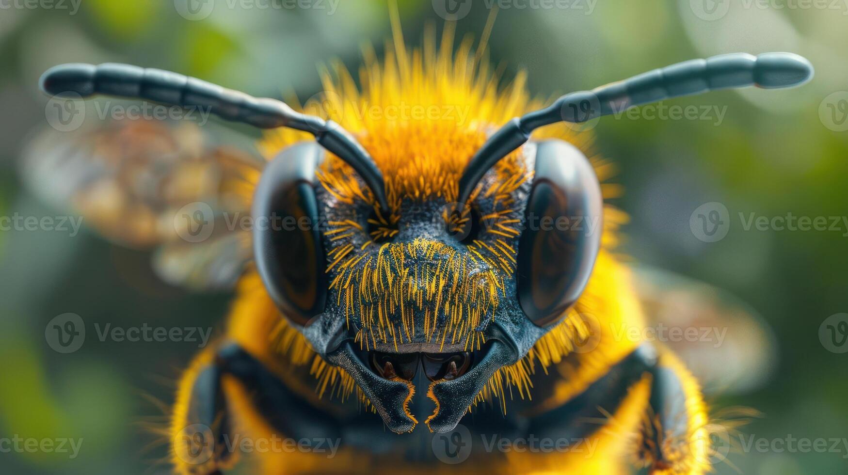 a photo of a bumble bee looking directly at the camera.