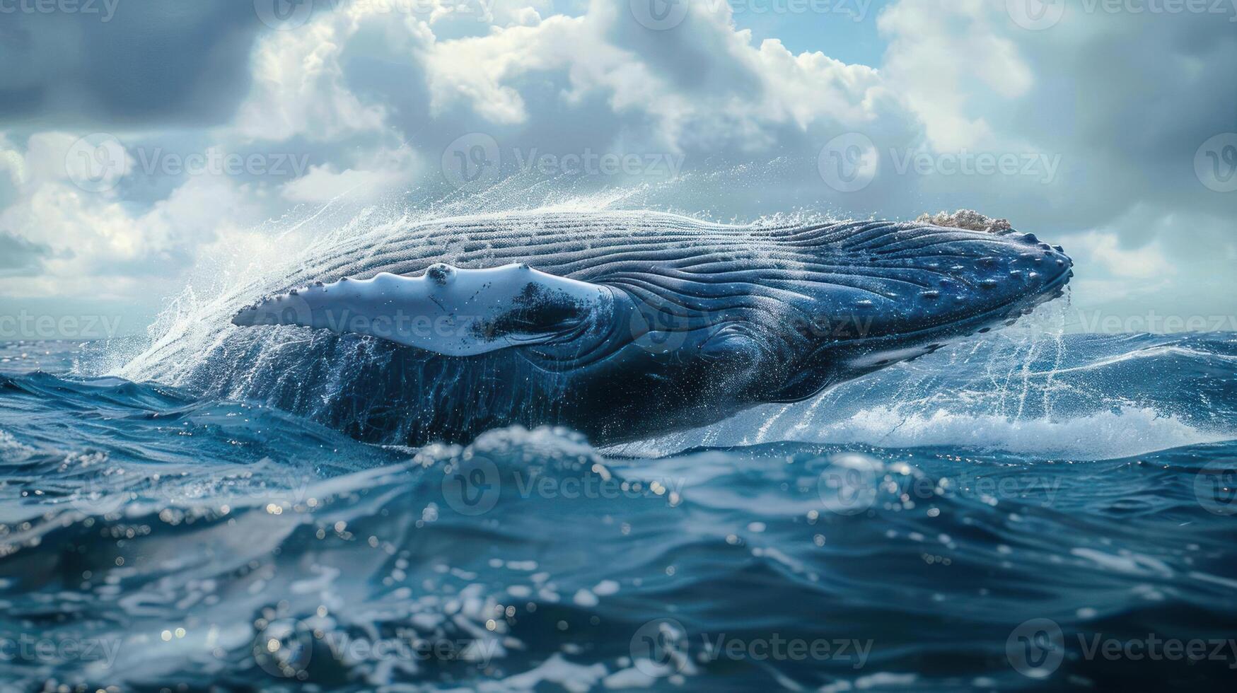 Underwater view of a whale diving towards the ocean floor, with water splashes and blue hues. photo