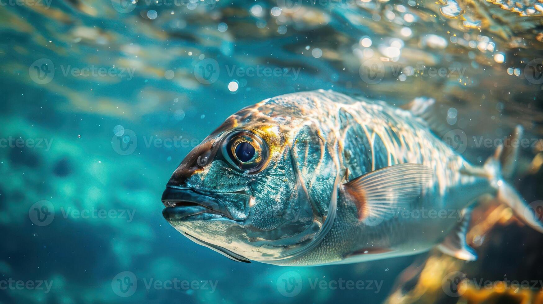 A colorful underwater photo featuring a large fish swimming amidst bubbles and surrounded by coral.