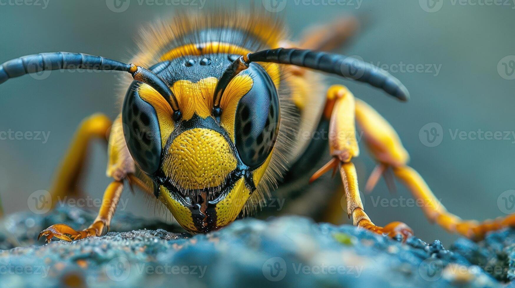 a photo of a bee that has striking yellow and black stripes.