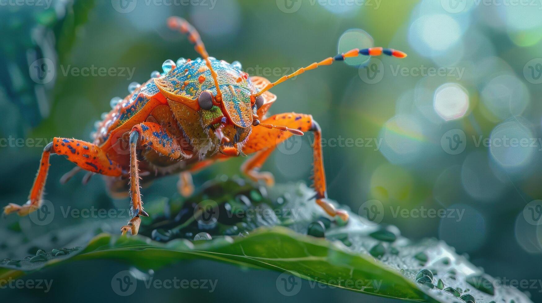 A red bug with blue dots and orange antennae perched on a green leaf, photo