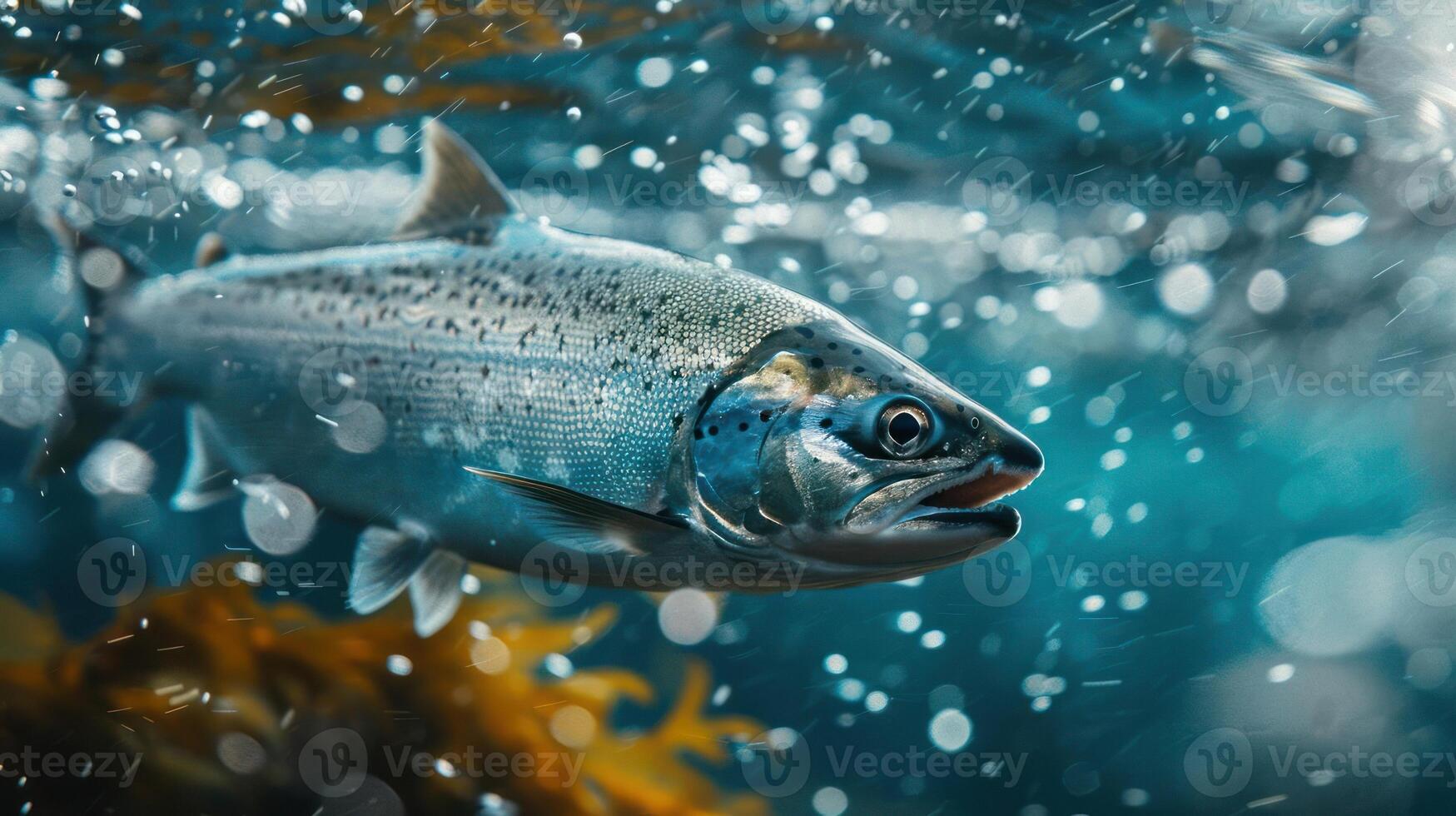 Underwater image of salmon jumping out of the water. One salmon is captured mid-leap, photo