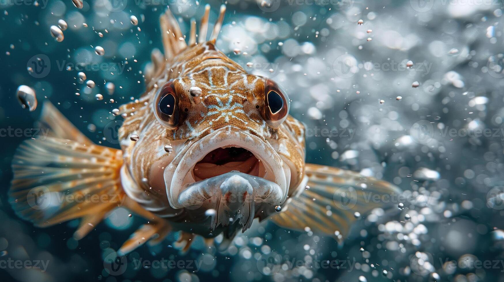 Underwater image of a clownfish with its mouth open and blowing bubbles, swimming near the surface. photo