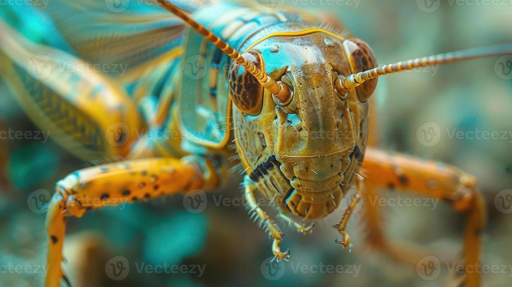 Close-up image of a grasshopper on a rock, showcasing its distinctive features. photo