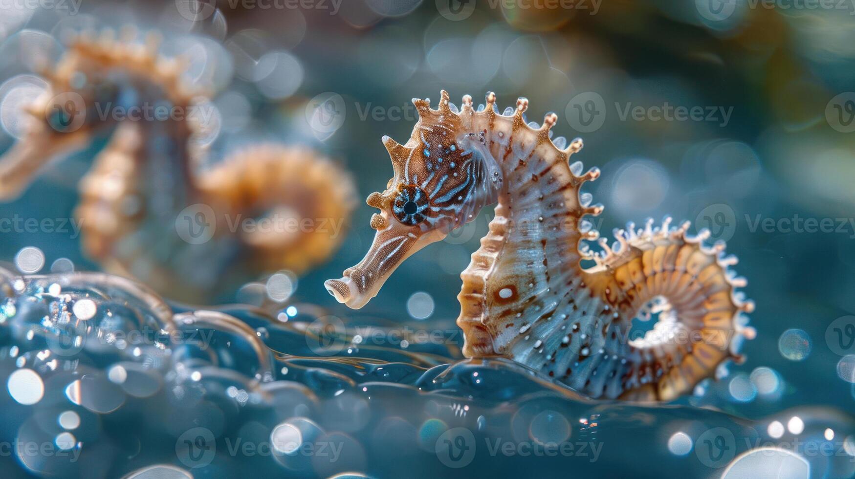 Two vibrant, multicolored unicorn-like sea creatures gracefully glide and swim in the ocean, photo