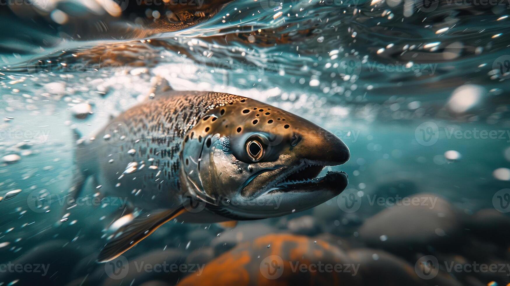an image of a salmon swimming through water. The salmon has a large, photo