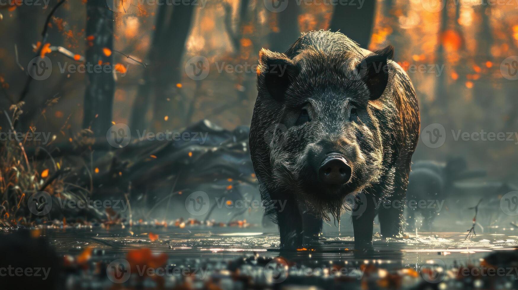 A wild boar in the forest during the autumn season, photo