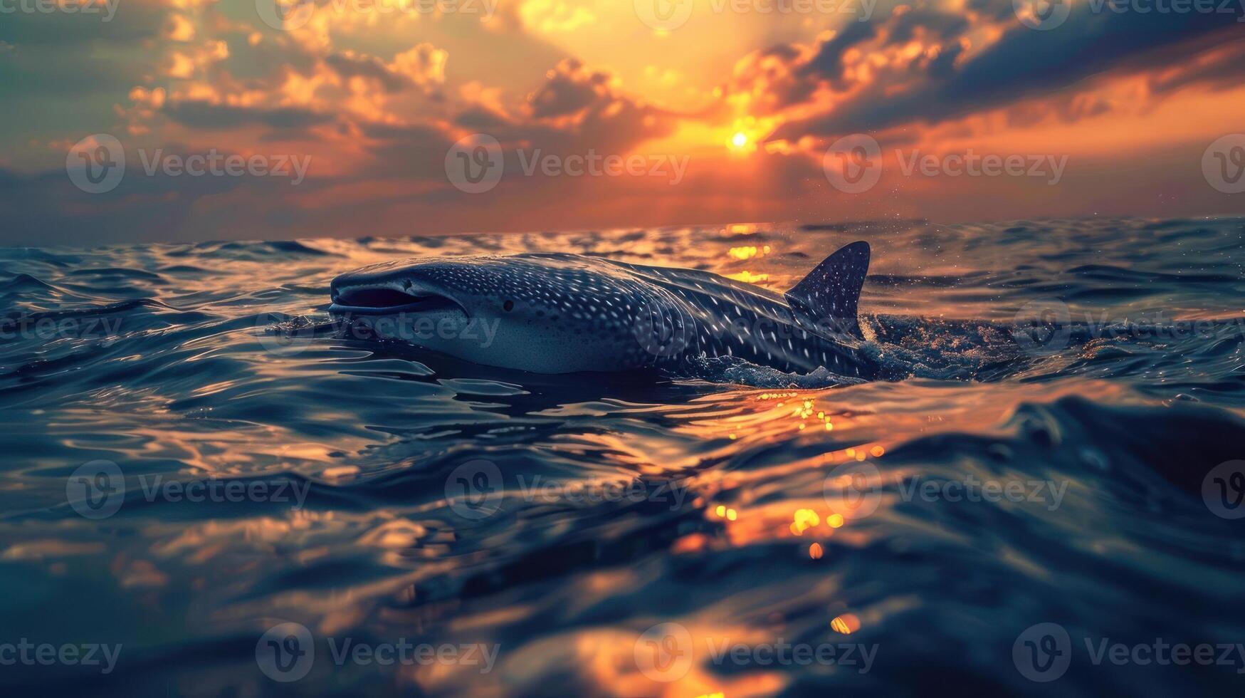 A majestic whale swimming through the ocean during a beautiful sunset. photo