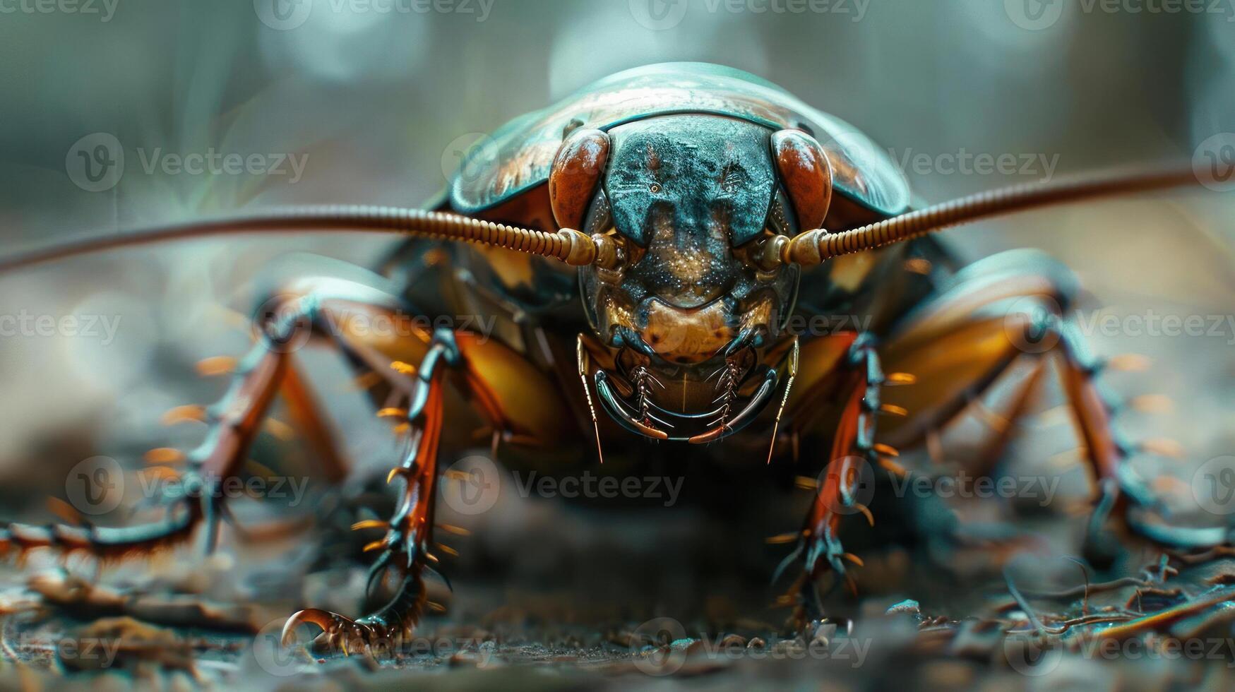 A close-up photograph of a beetle's head showing its details and antennae. photo