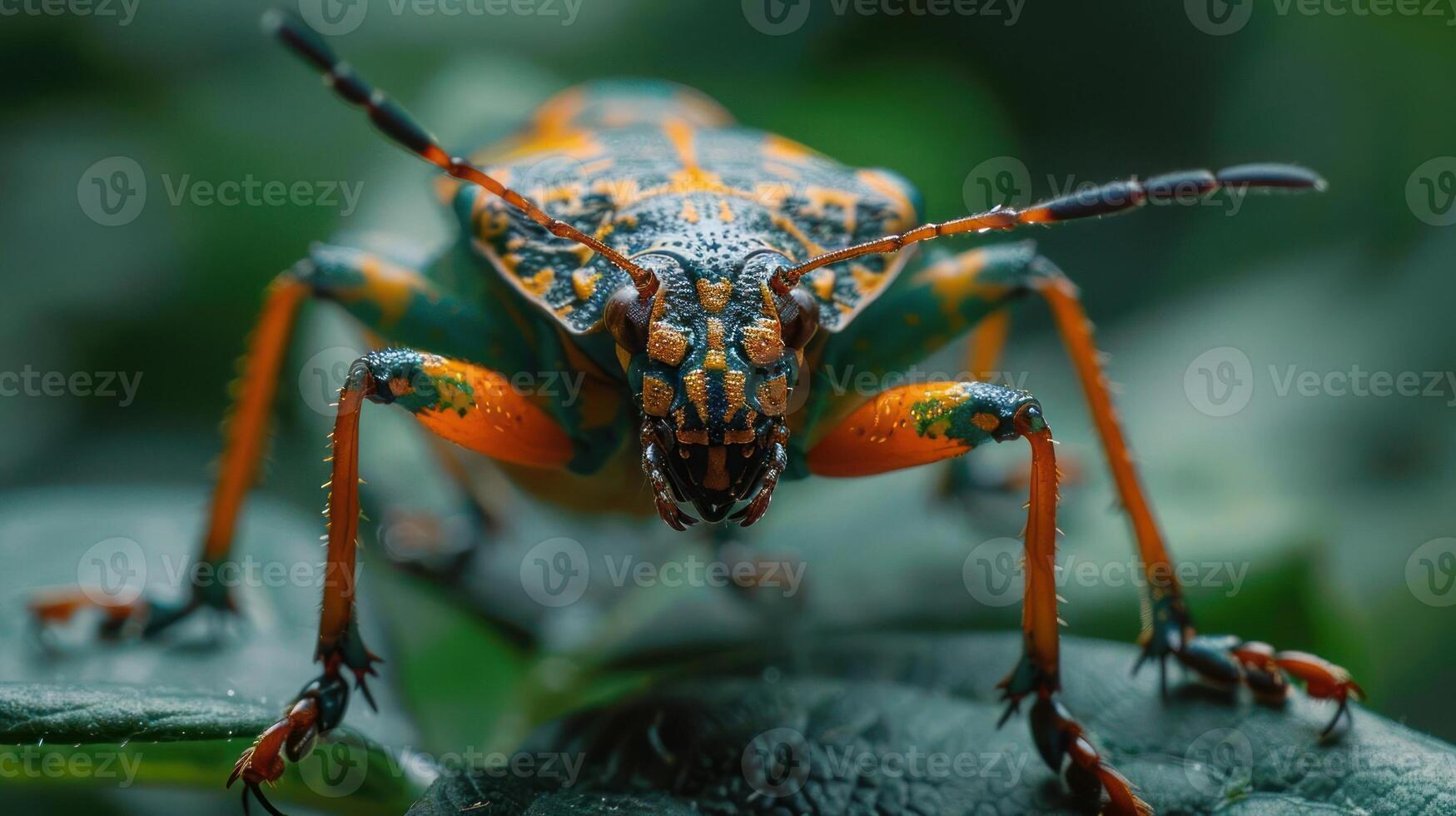 A colorful ladybug with multiple spots close-up on a green leaf. photo