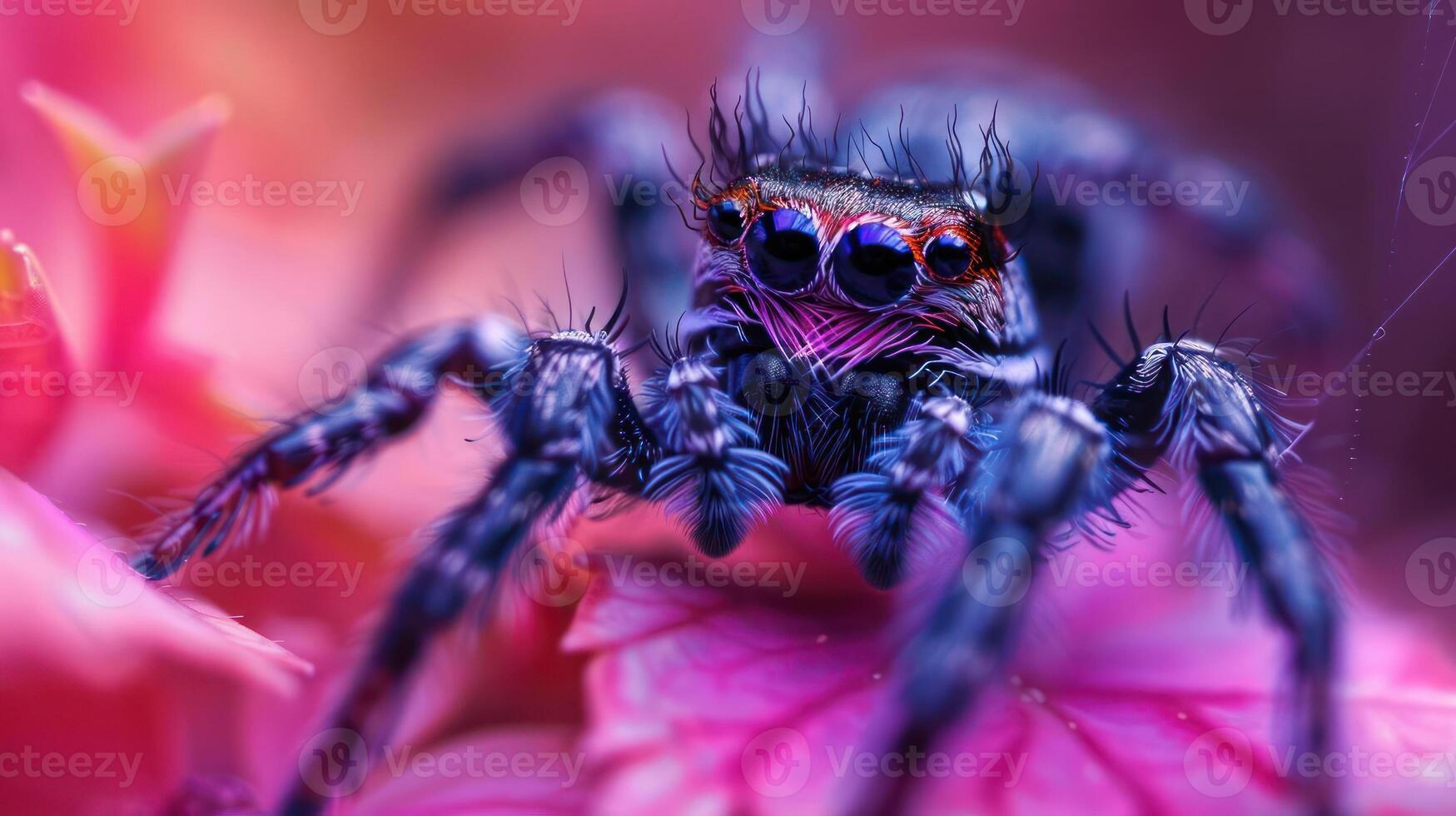 A colorful close-up photograph of a spider with pink flowers in the background photo