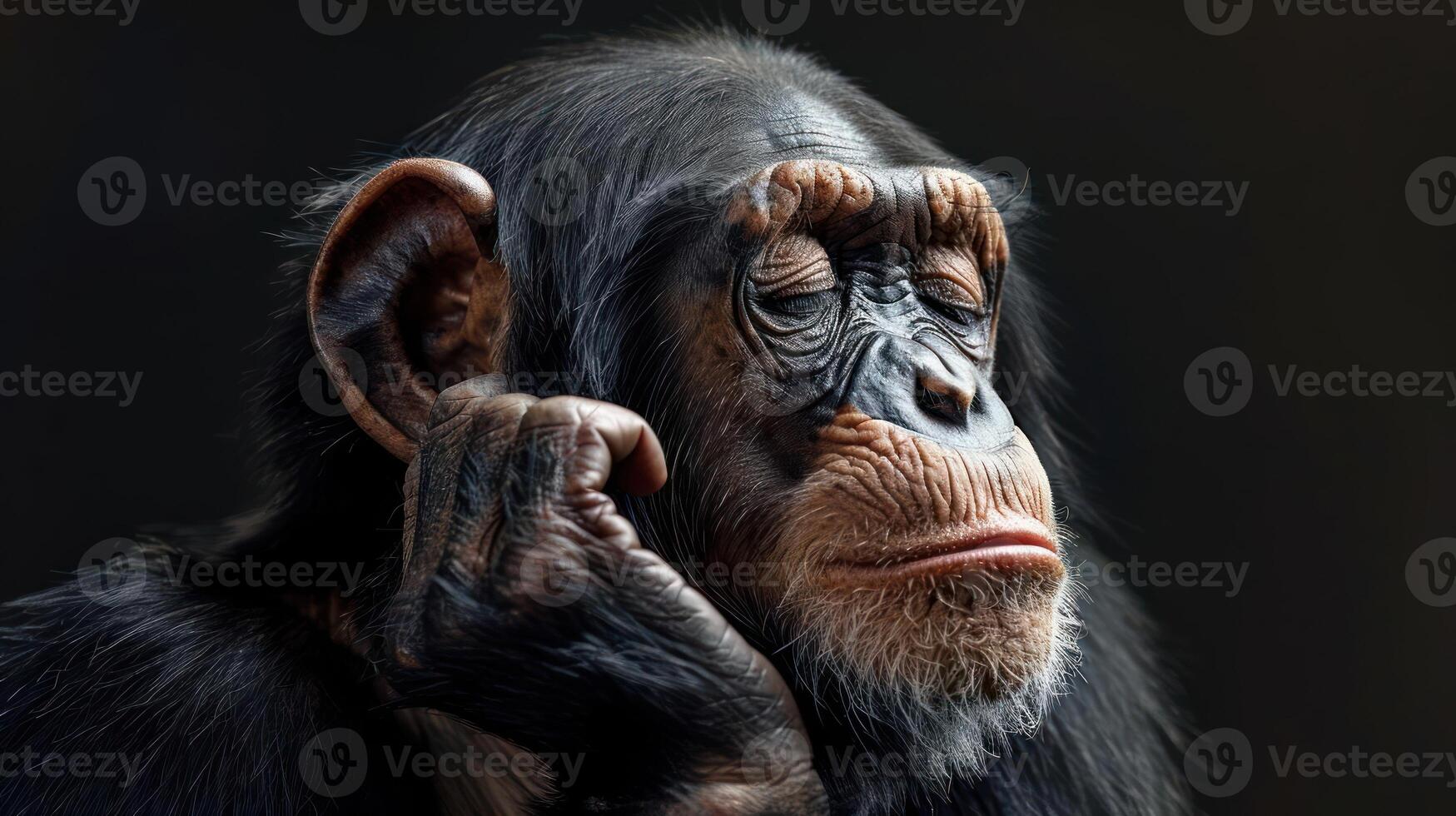 a picture of a monkey. The monkey has its hand on its ear, photo