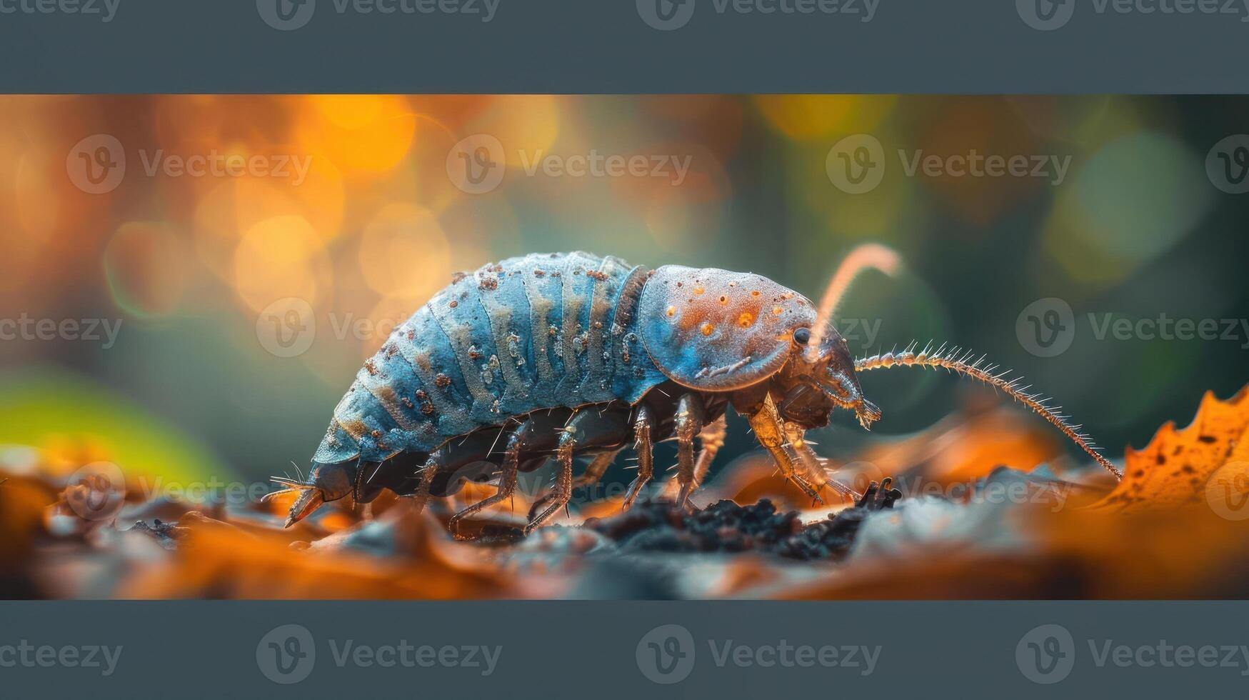 A close-up photo of a bug walking on damp autumn leaves.