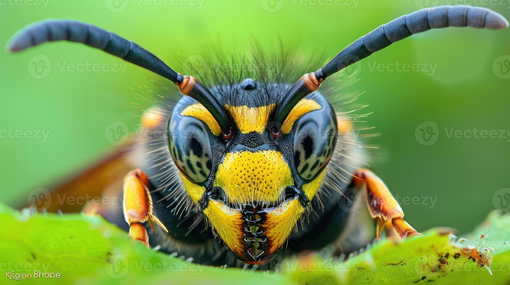 A yellow and black bee with a prominent face staring directly into the camera. photo