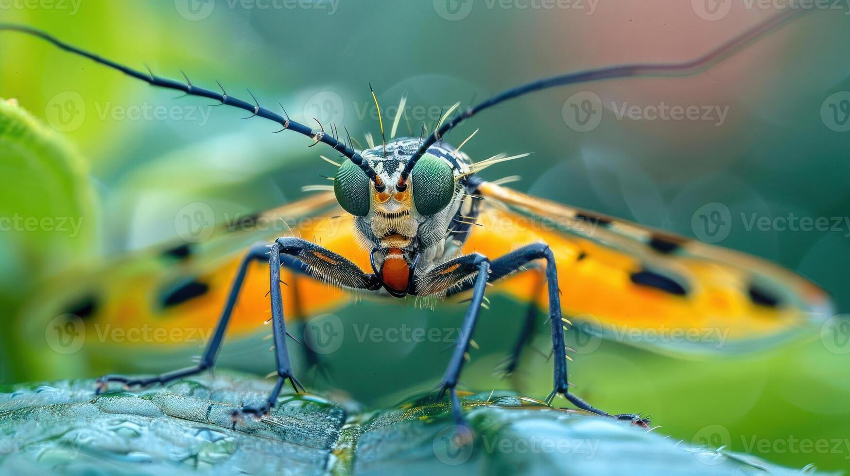 Vibrant yellow and orange striped bee with a red face, antennae, and legs, photo