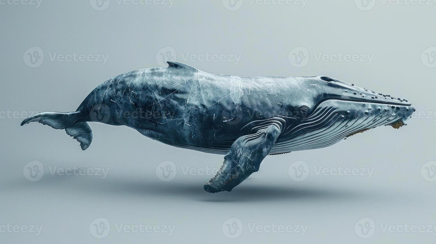 A digital rendering of a blue whale floating in the ocean, surrounded by starry space imagery. photo