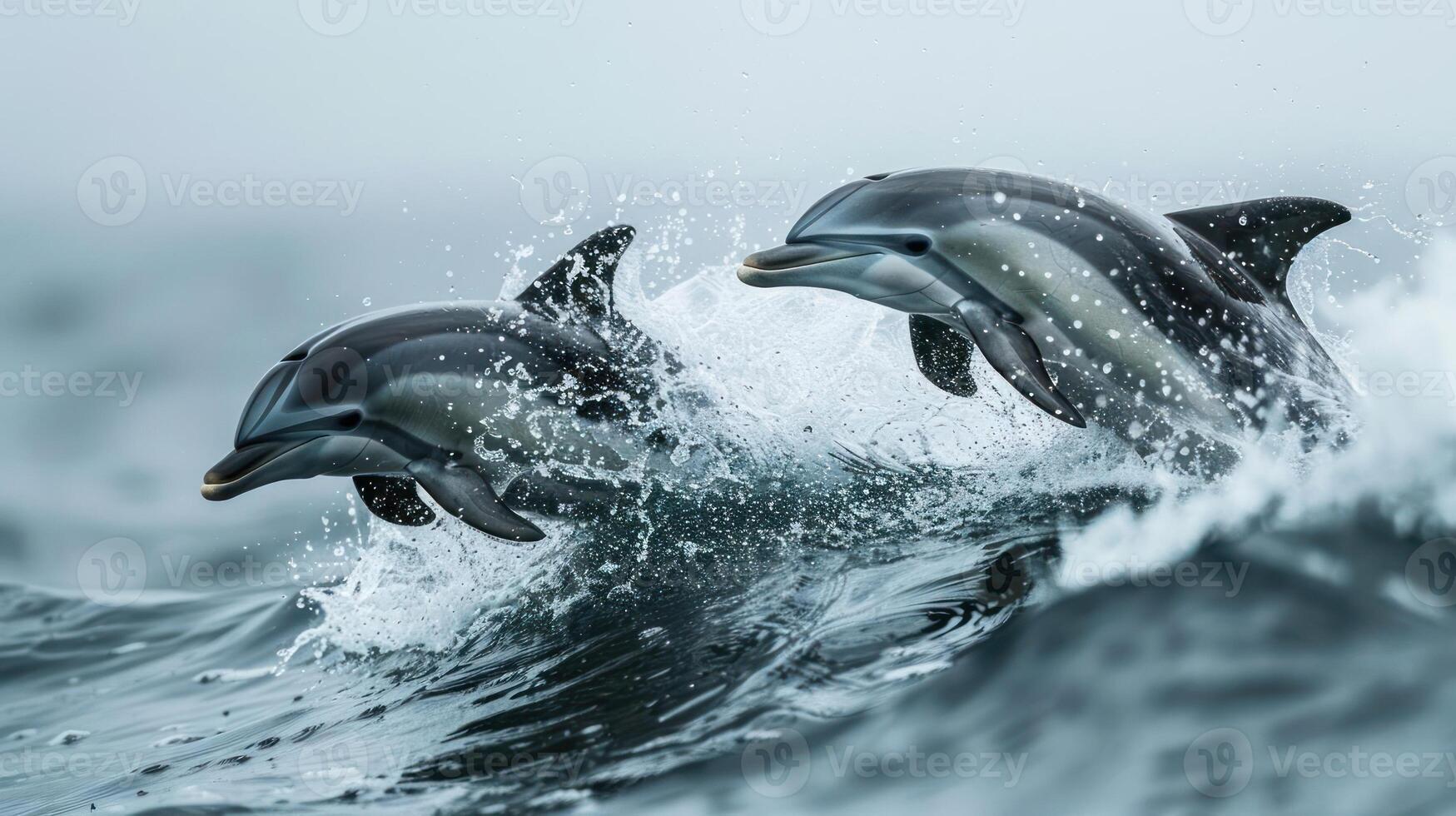 A pair of dolphins leaping over a wave in the ocean. photo