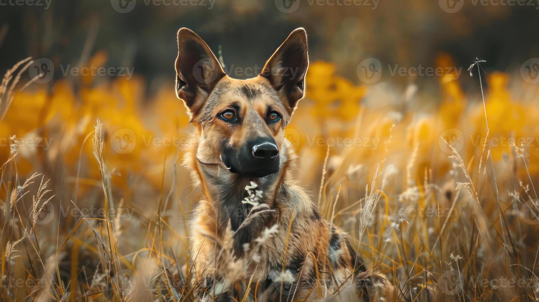 An adorable dog is seen staring off into the distance, surrounded by a beautiful autumn field. photo