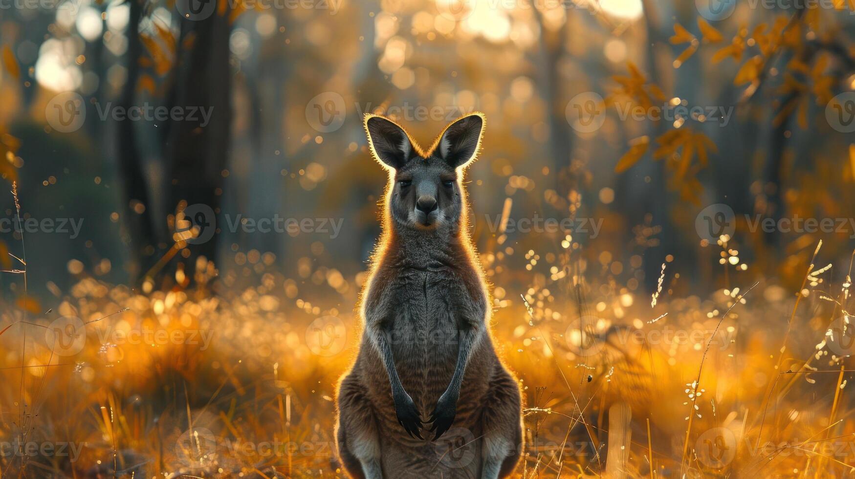 A kangaroo sits in the forest during autumn, photo