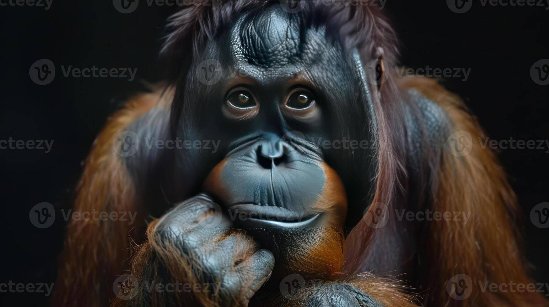 Orangutan with furrowed brow, looking thoughtful photo