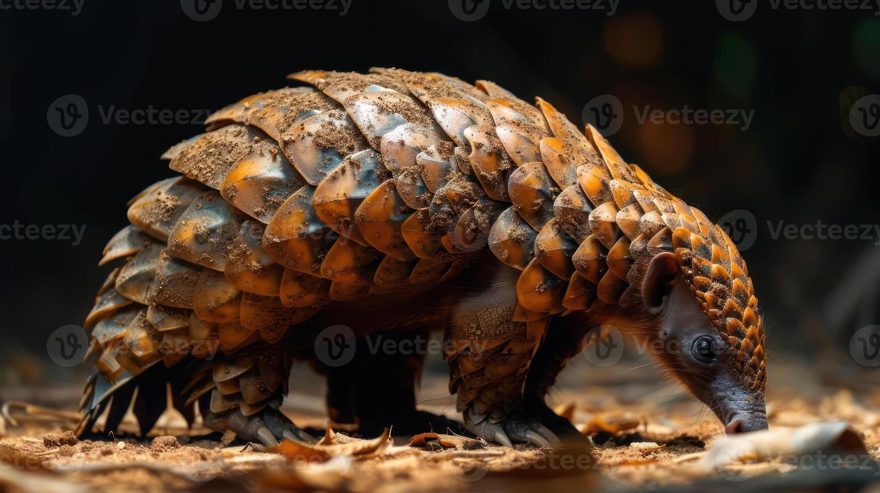 A pangolin on the ground with its scales visible, surrounded by leaves and debris. photo