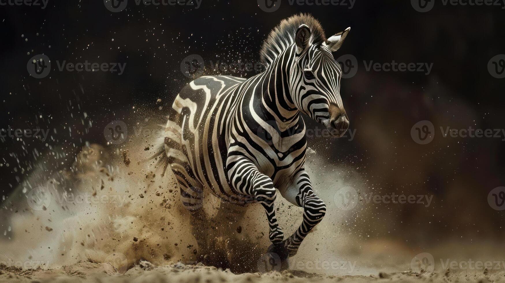 A zebra is captured mid-stride, running across a dusty plain. photo