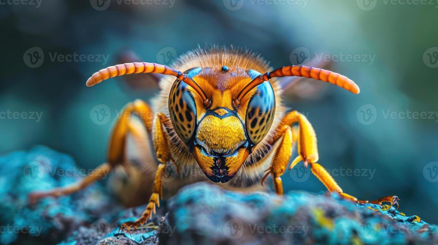 Closely focused photograph of a bee foraging. The bee is yellow and black with distinctive markings. photo