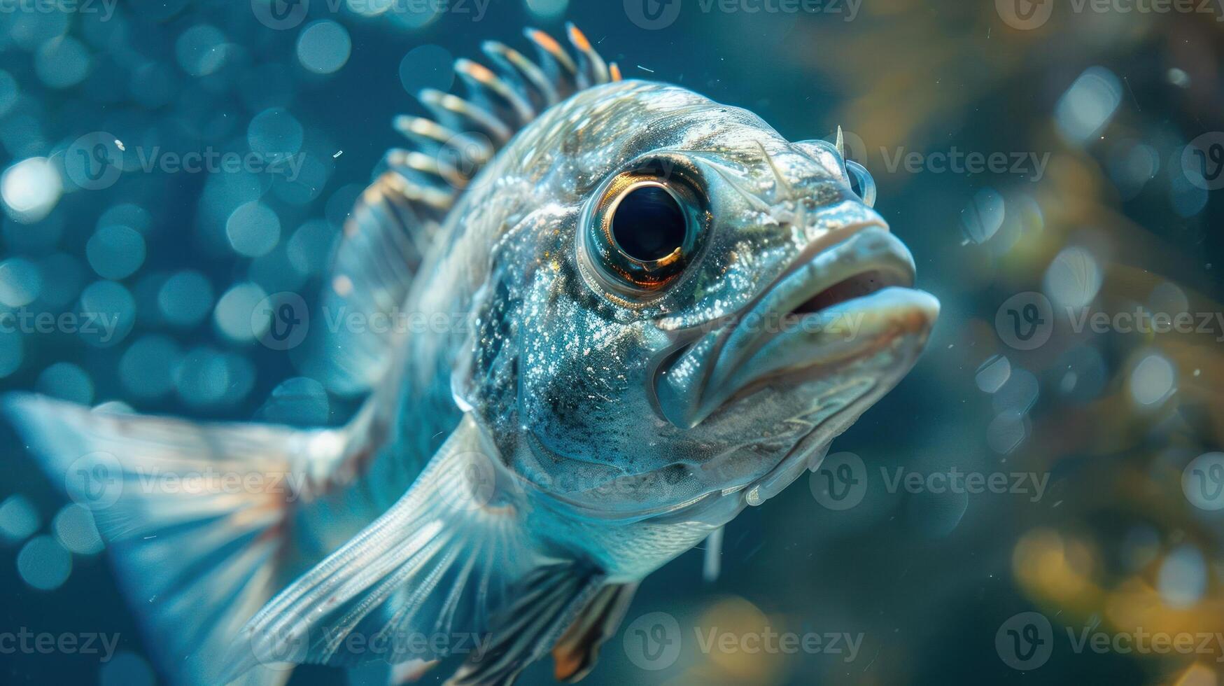 Goldfish swimming in the ocean, captured from an underwater perspective. photo