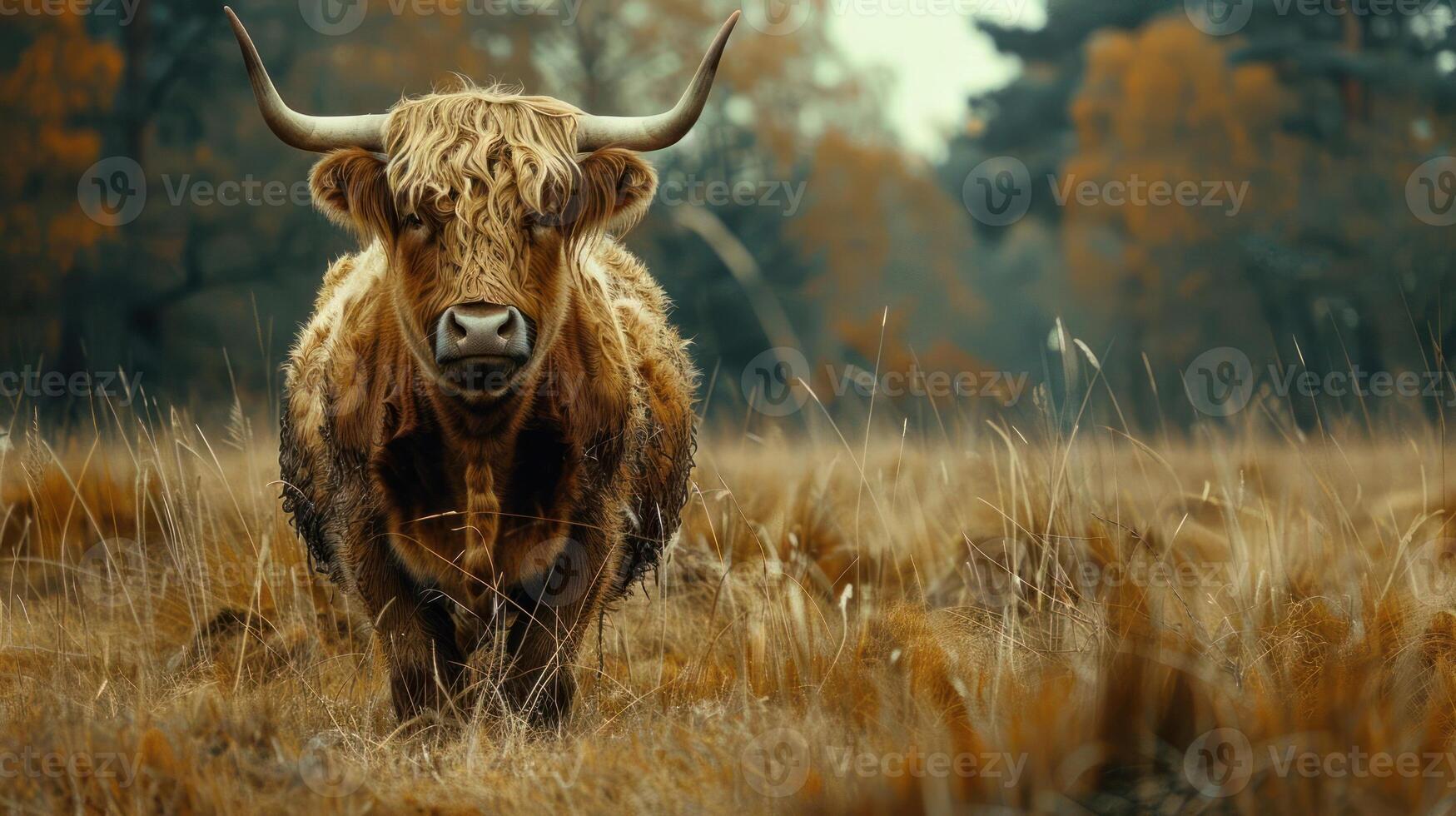 A bull with horns in a field during autumn, capturing the essence of rural life. photo