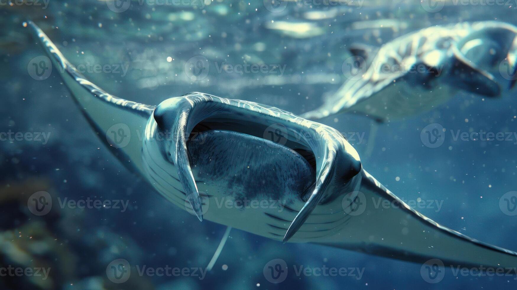 A close-up view of two stingrays gliding beneath the ocean's surface, one slightly above the other. photo
