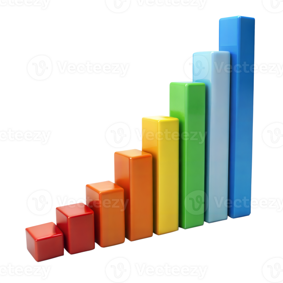 Colorful bar chart graph with rising trend on transparent background png