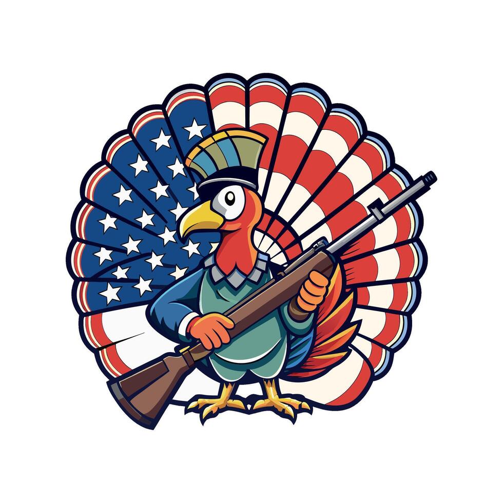 turkey with rifle on american flag vector