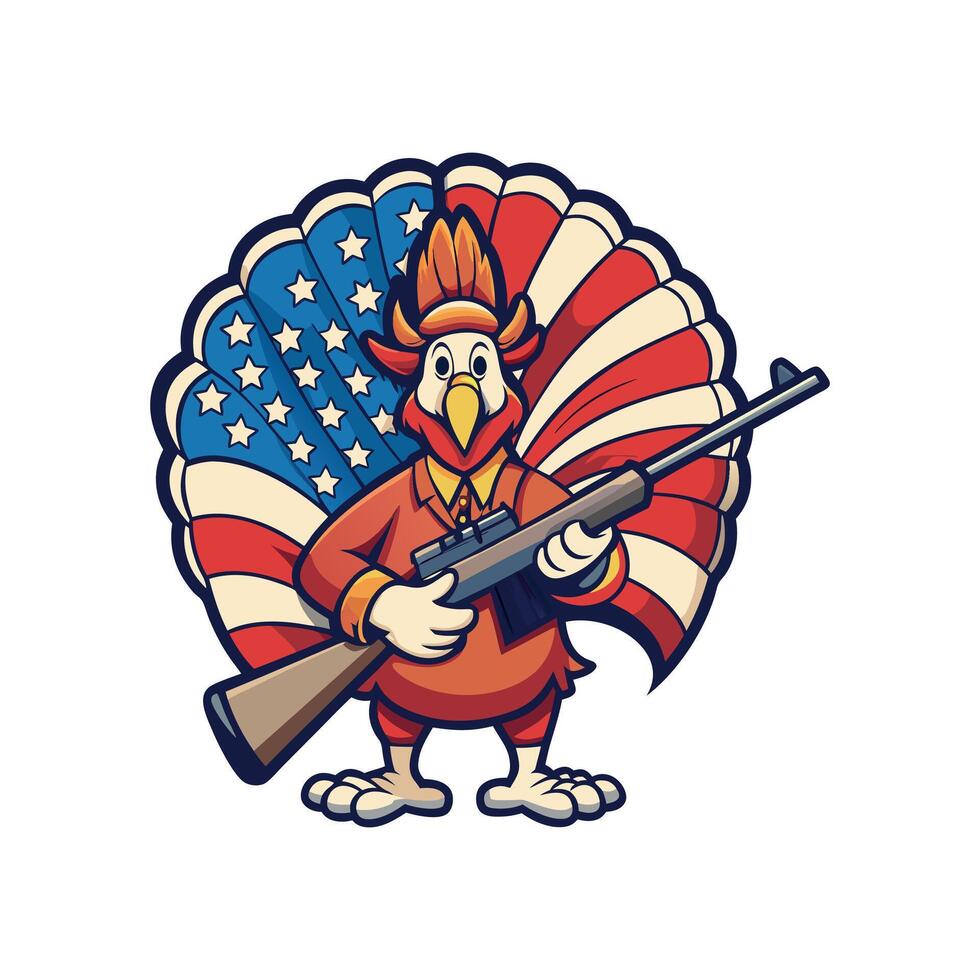 turkey with rifle on american flag background vector
