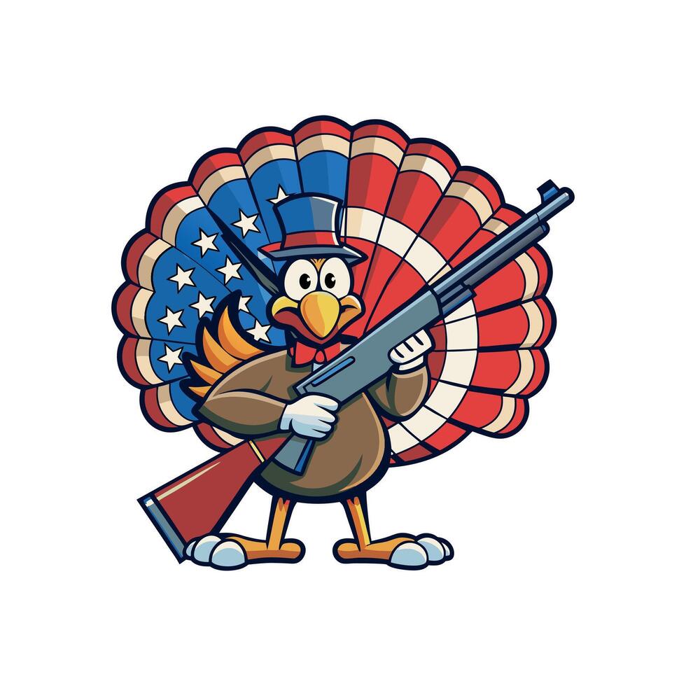 a turkey with an american flag hat and rifle vector