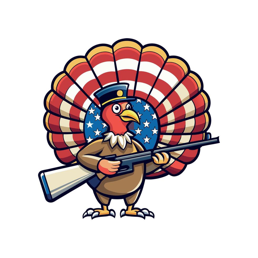 turkey with rifle and american flag vector