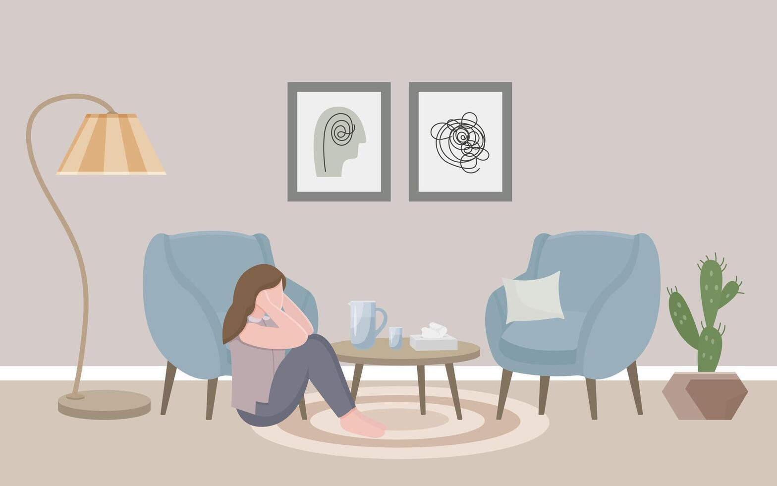 A girl in a psychologists office sits on the floor and holds her head with her hands. A psychologist's office, a cozy room with two armchairs, a floor lamp, paintings, paper napkins and a cactus vector