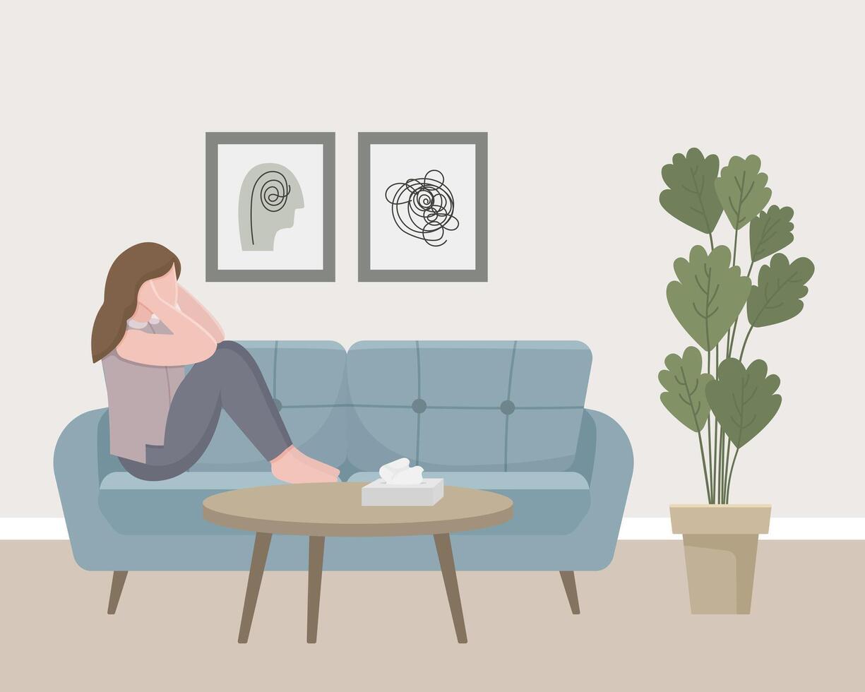 A girl is in a psychologists office, sitting on the sofa and holding her head with her hands. Psychologist's office, a cozy room with a cozy sofa, paintings, paper napkins and a houseplant. Interior vector