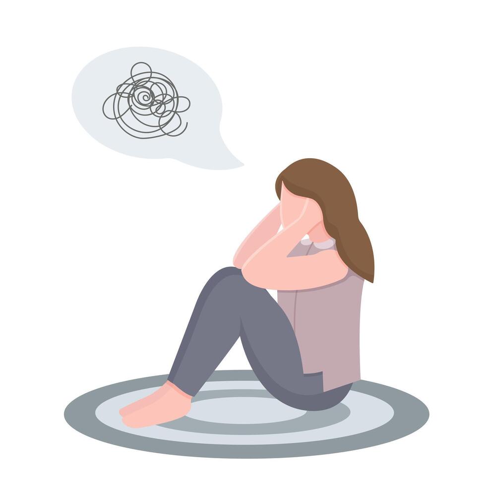 A girl in a psychologists office sits on the floor and holds her head with her hands. Mental health concept. flat illustration. vector