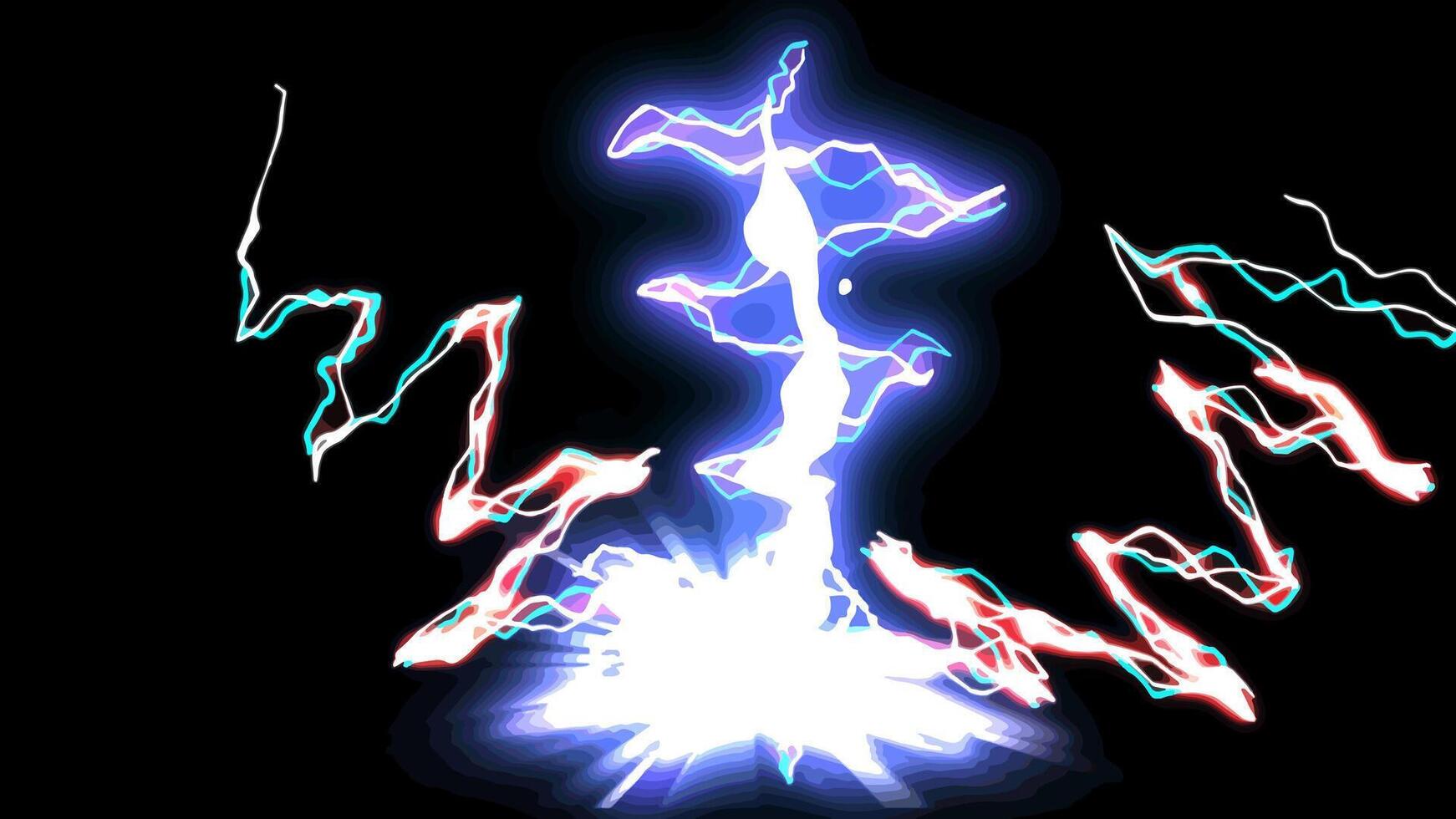 Neon blue lightning strike art game. Magical thunderbolt graphic design. Lightning impact cartoon. vector