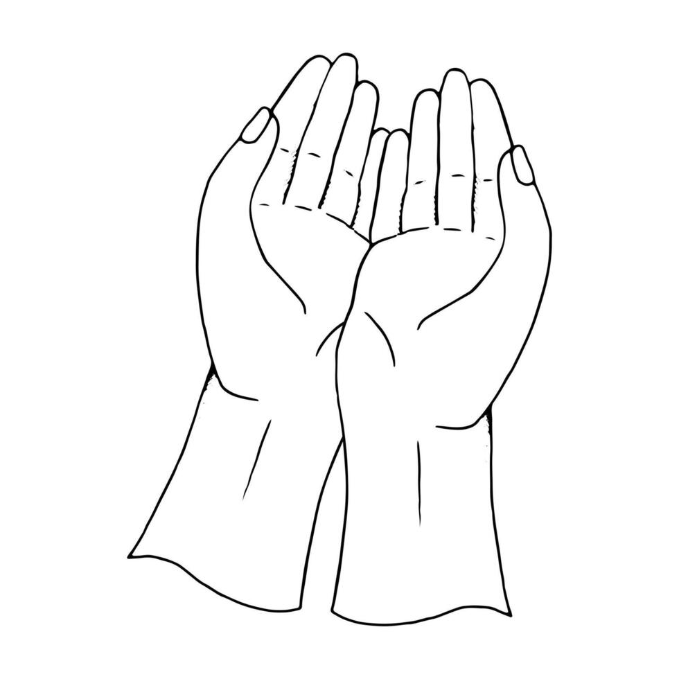 Two open palms hands gesture illustration in black and white simple style. Poverty, outstretched or raised in asking prayer hands line sketch vector