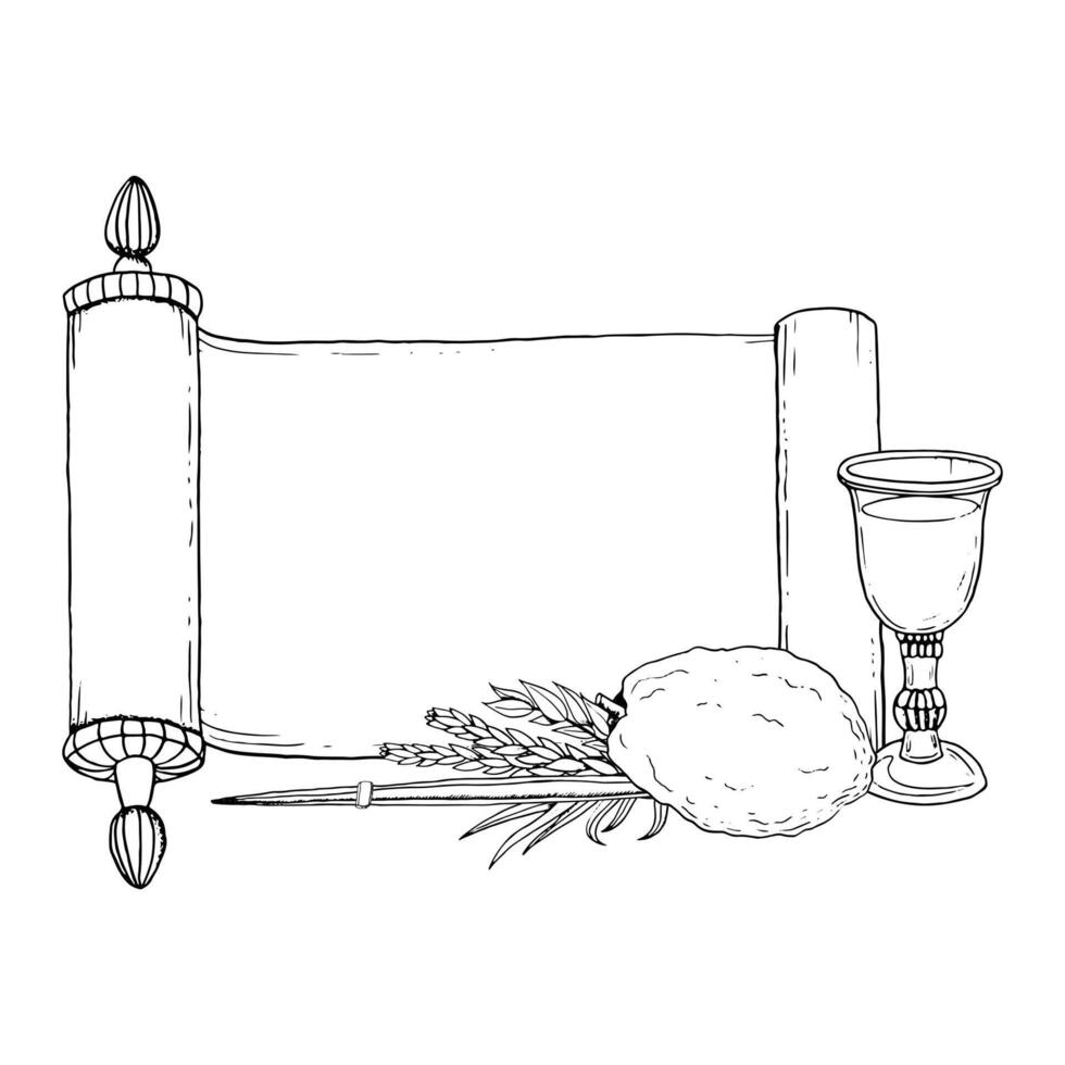 Line Jewish Sukkot greeting banner template with symbols, Torah scroll and wine glass black and white illustration. Four species etrog, hadass, lulav, aravah ink sketch for coloring vector