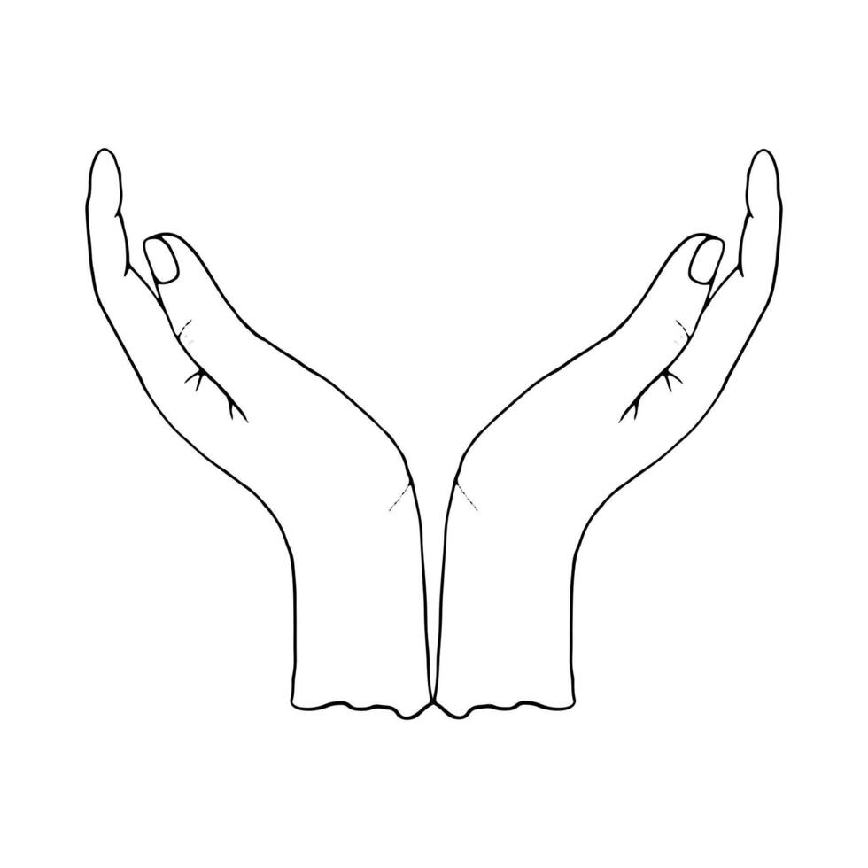 Simple two hands holding gesture template black and white illustration for hope, charity and peace concepts, cosmetics and skin care designs. Ink sketch vector