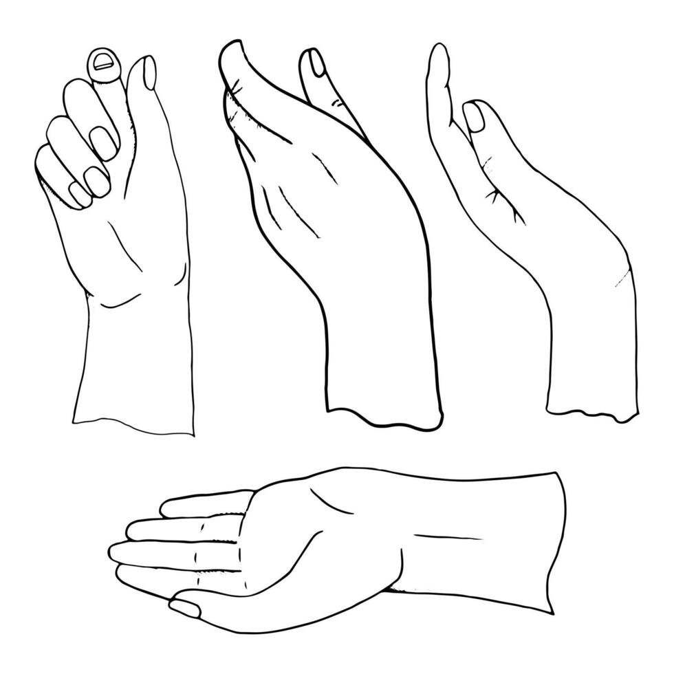 Line hands gestures simple illustration set. Minimalist black and white human hand care, palm holding ink sketches for charity designs and skin care cosmetics vector