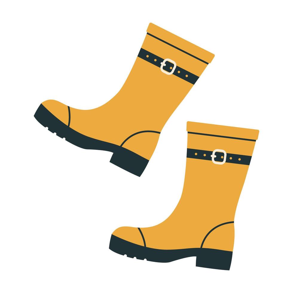 Yellow rubber boots with belt and buckle. Seasonal waterproof footwear. Autumn and spring protective gumboots. Flat illustration isolated on white background vector