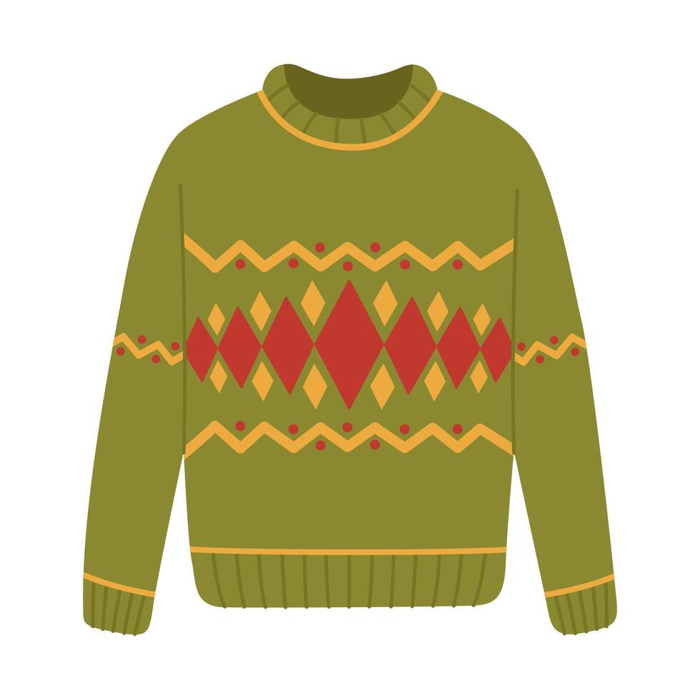 Green warm sweater with rhombus ornament. Knitted wool jumper for autumn and winter. Cozy pullover. Flat illustration isolated on white background vector