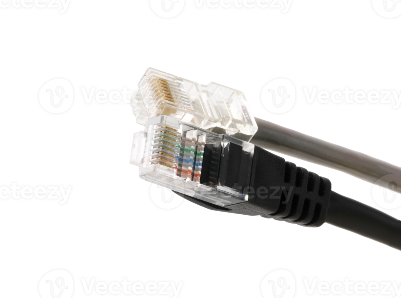 Black and gray network cables with molded RJ45 plug on transparent background png