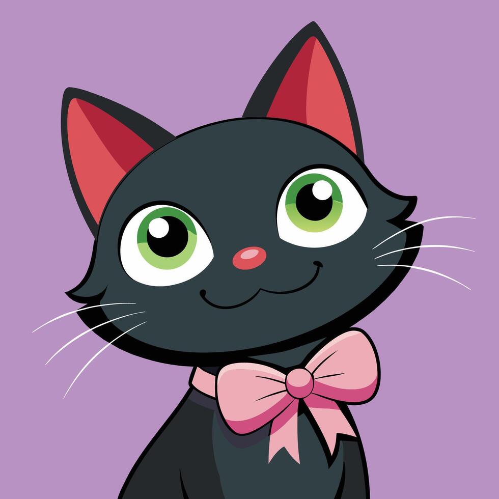 A black cat with green eyes, pink ears, a cheerful smile, a pink bow tie, a light purple background, very cute. vector