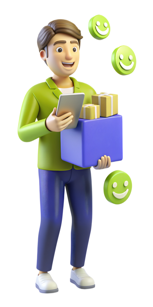 3D man in a green shirt and blue pants delivering a package with small, large, love, heart icons floating around on a transparent background. png