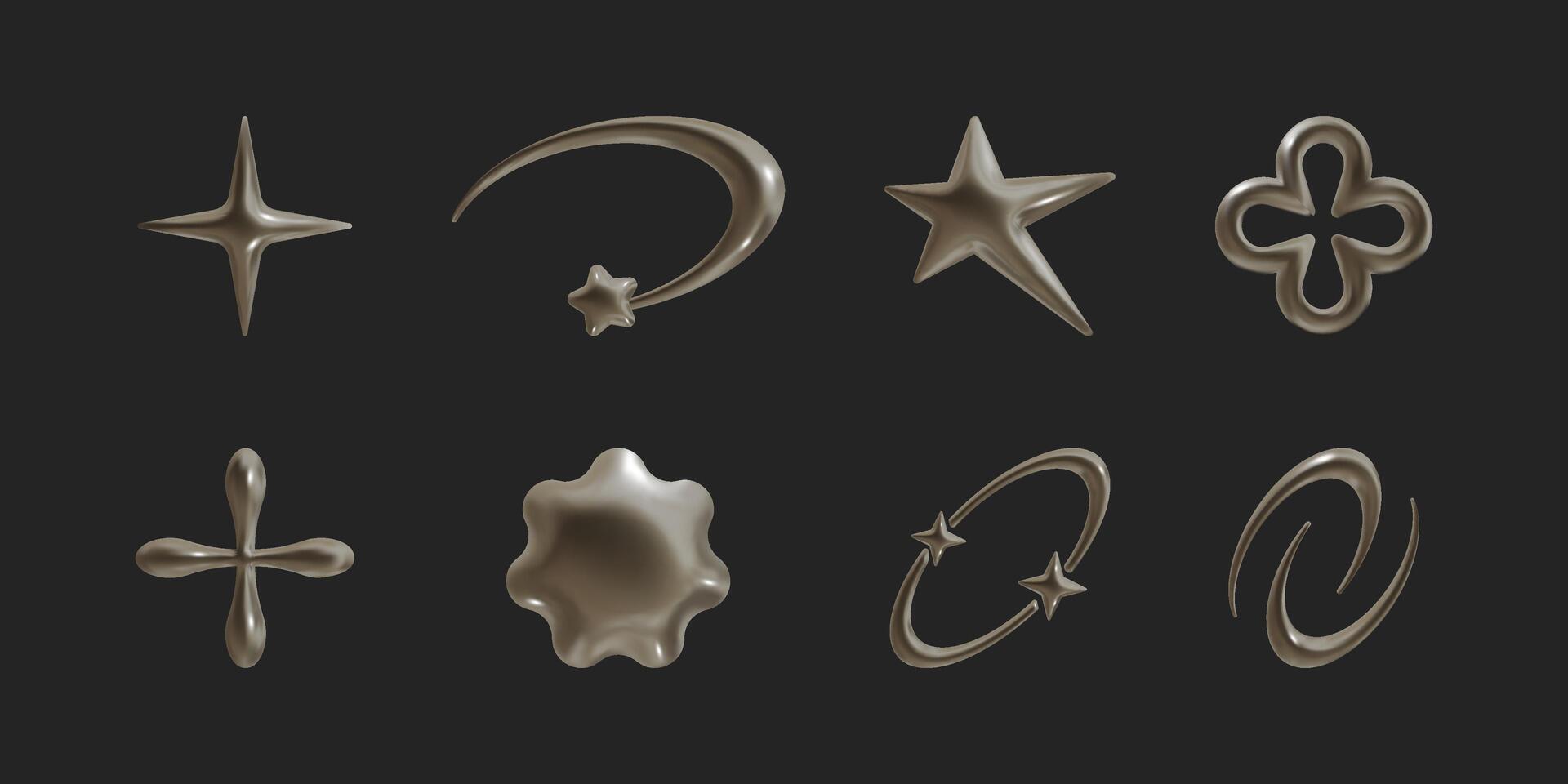 Set of Y2k geometric 3D render bronze shapes trendy retro futuristic design elements, infographic shapes. Modern concept with symbols and objects, star, heart illustration for UI and UX vector