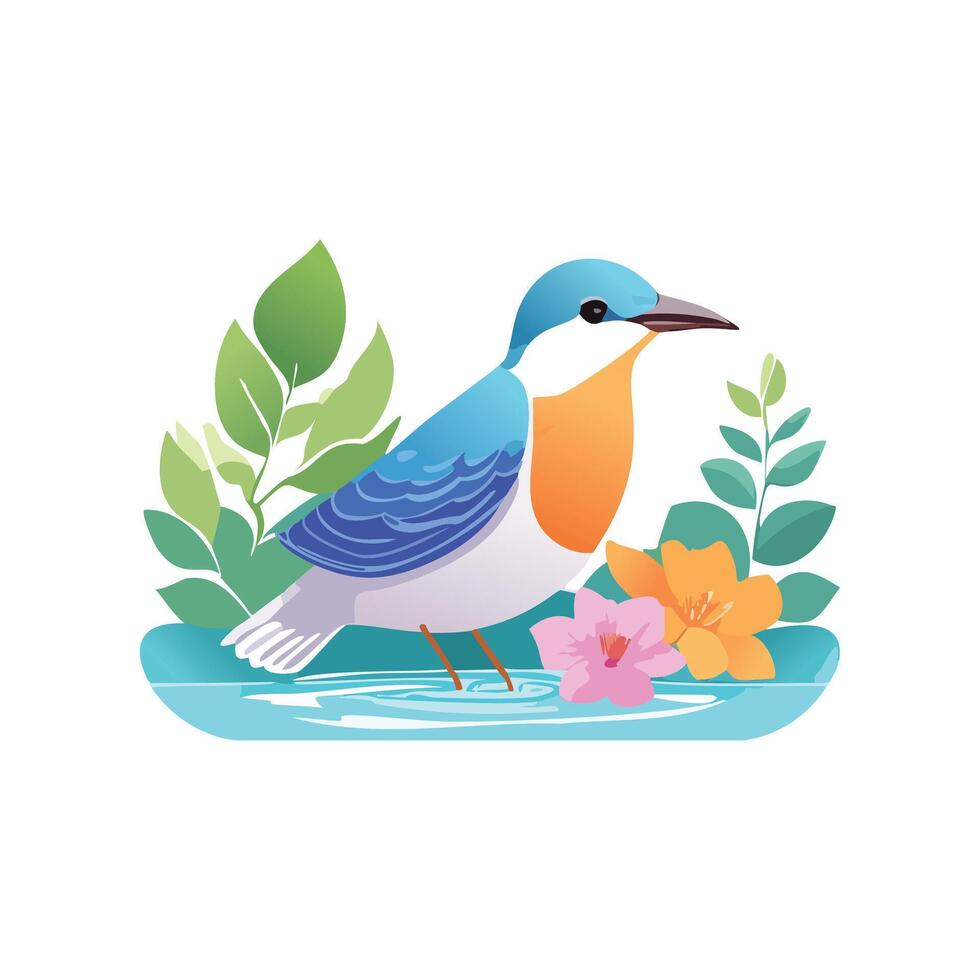 Bird on water with flower and leaves illustration vector